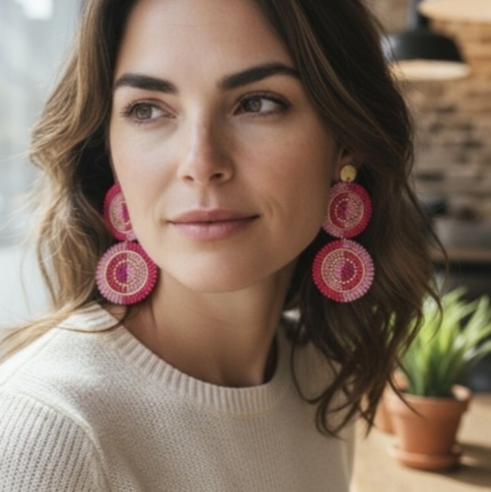 Kay Lee Pink Beaded Circle Earrrings New